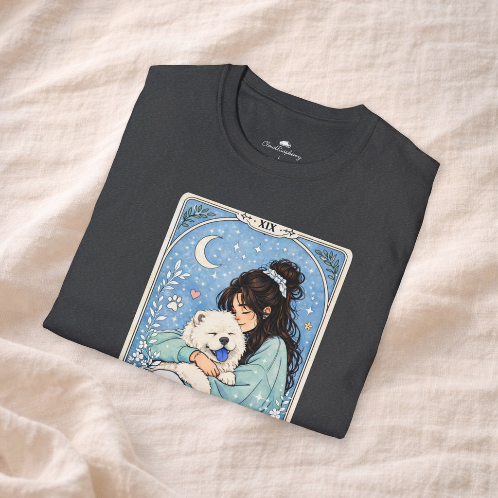 Personalized Chow Chow Mom tarot card t-shirt featuring custom dog mom name and Chow Chow graphic, casual dog lover apparel.