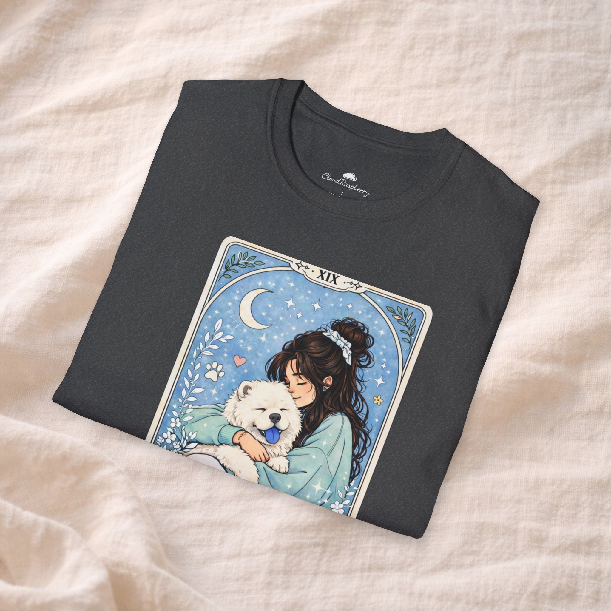 Personalized Chow Chow Mom tarot card t-shirt featuring custom dog mom name and Chow Chow graphic, casual dog lover apparel.