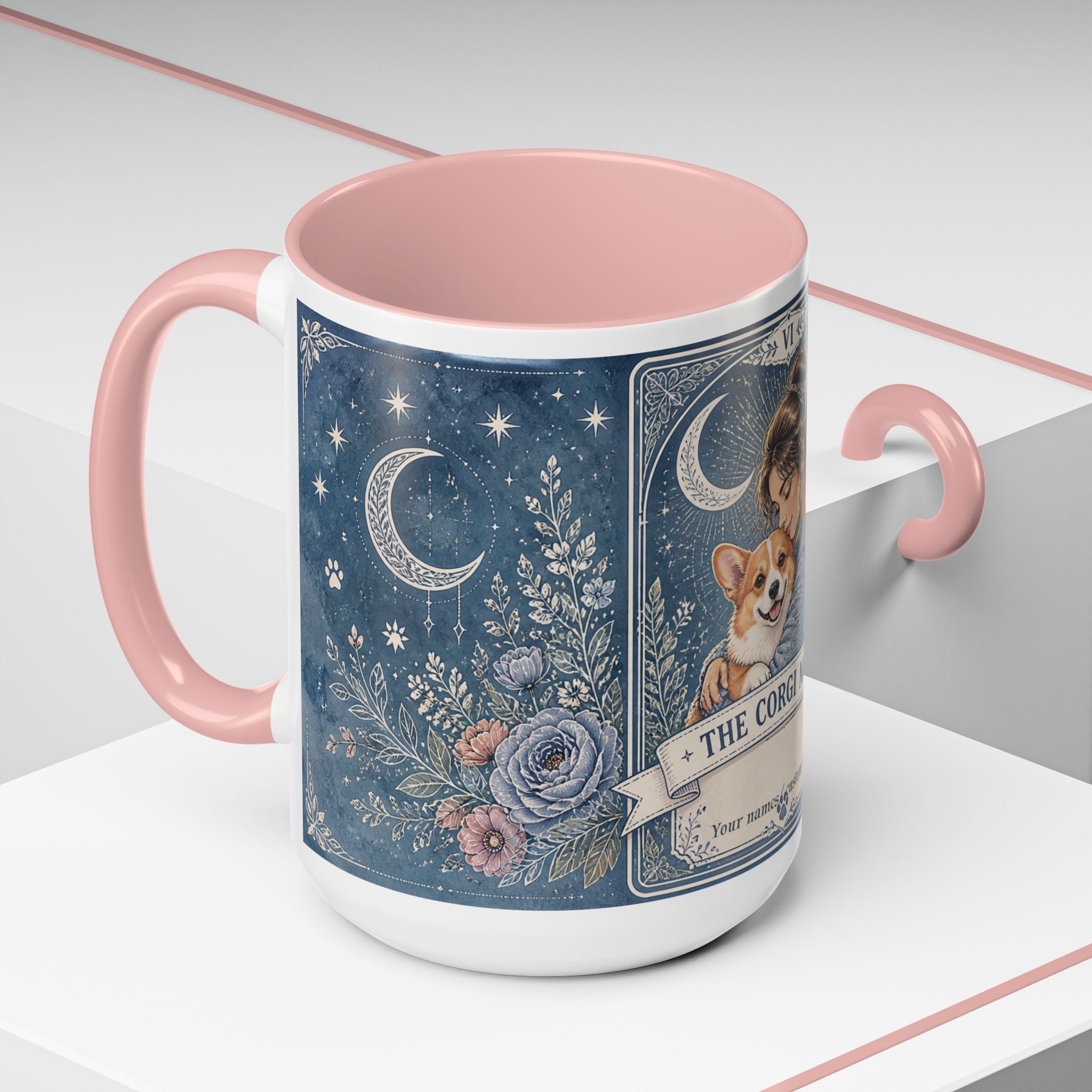 Personalized "The Corgi Mom" tarot card coffee mug with dog illustration, custom dog mom gift from Printify.