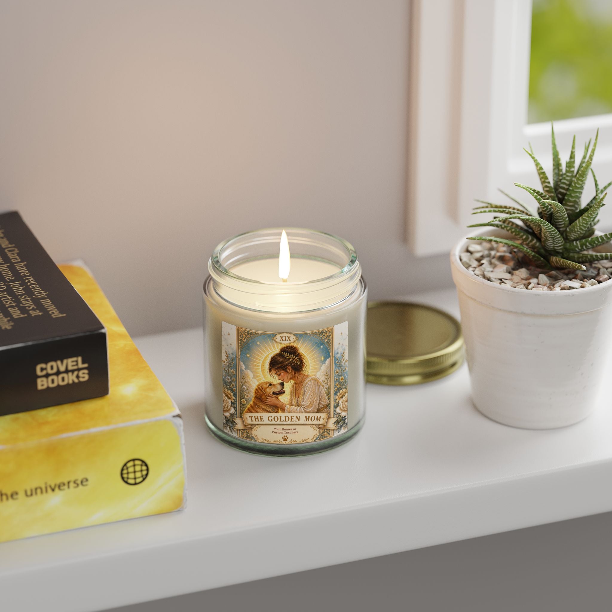 Tarot 'The Golden Mom' scented candle by Printify in coconut apricot scent, 4oz and 9oz sizes, home decor with warm candle flame
