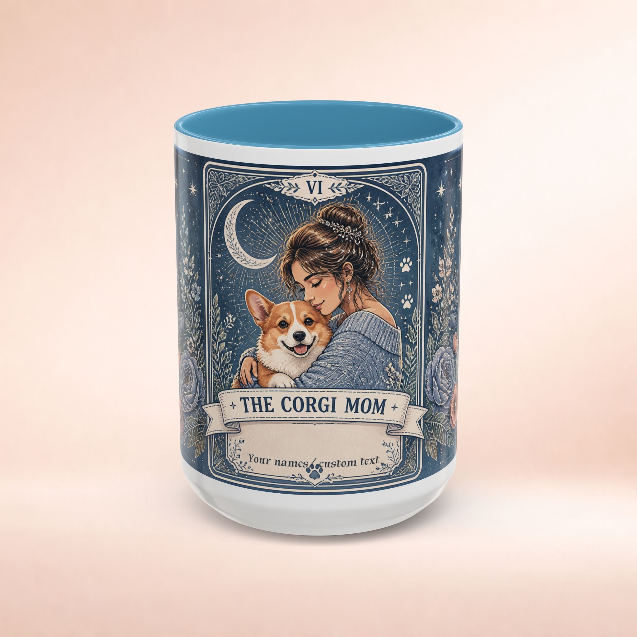 Personalized 'The Corgi Mom' tarot card coffee mug with custom dog mom design, featuring a cute illustration of a Corgi dog.