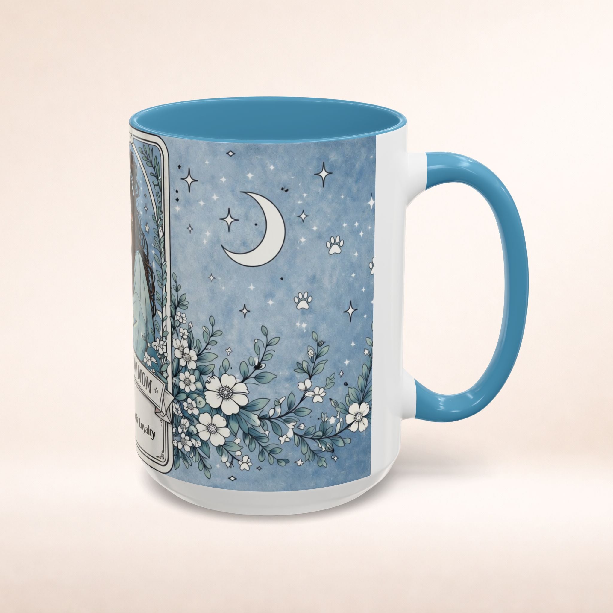Personalized Chow Chow Mom tarot card mug with custom name, featuring a cute Chow Chow dog design for dog lovers.