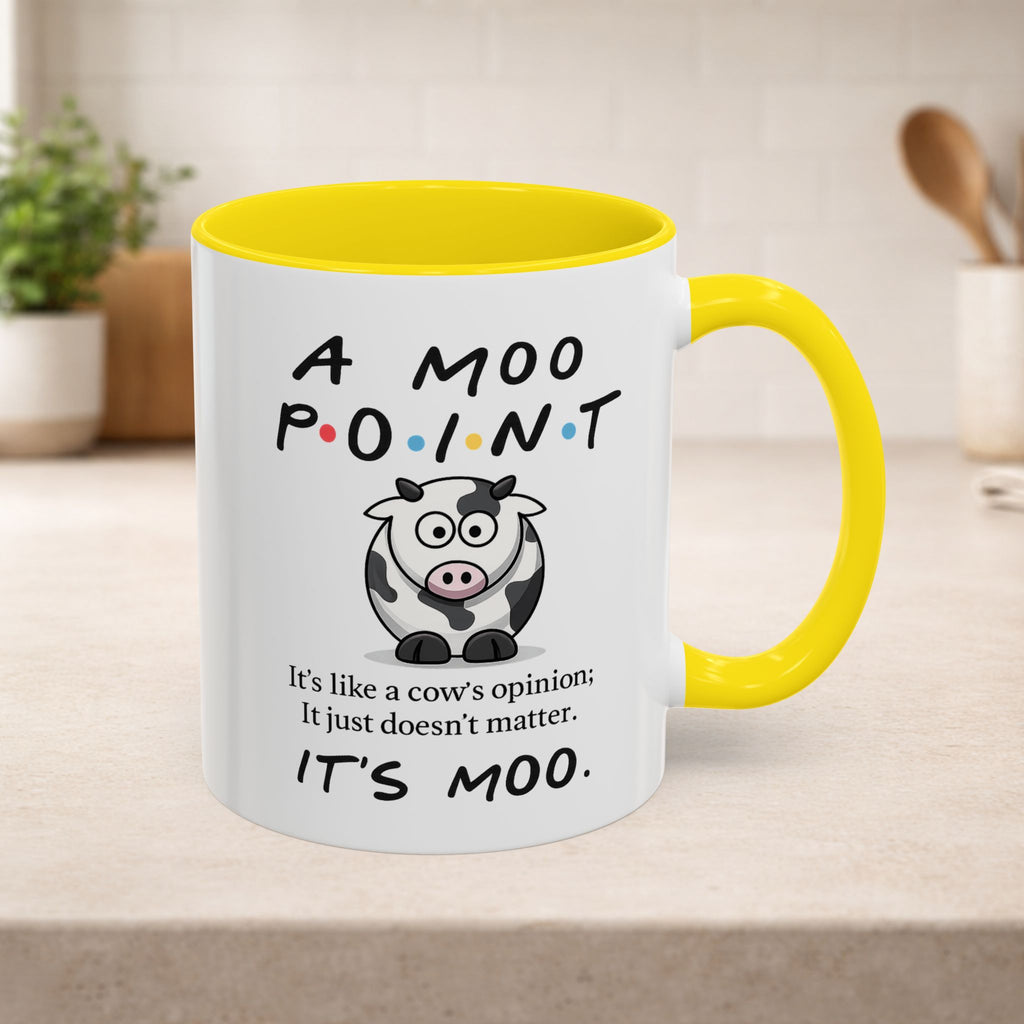 Funny cow opinion mug featuring the phrase "Moo Point" from the TV show Friends, ideal for coffee or tea.