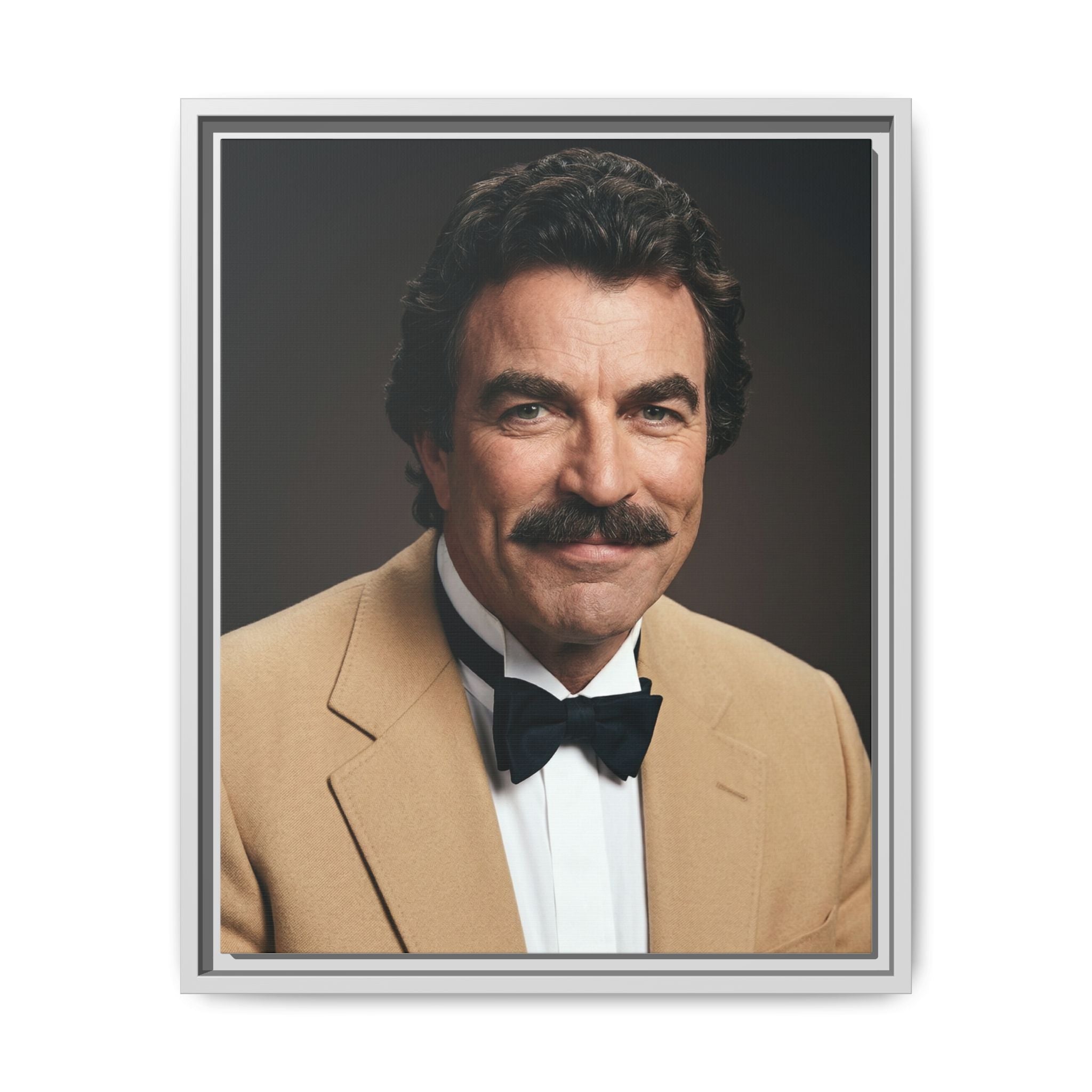 Vintage framed canvas print of a retro man cave bar portrait of Tom, with wooden frame, by Printify.