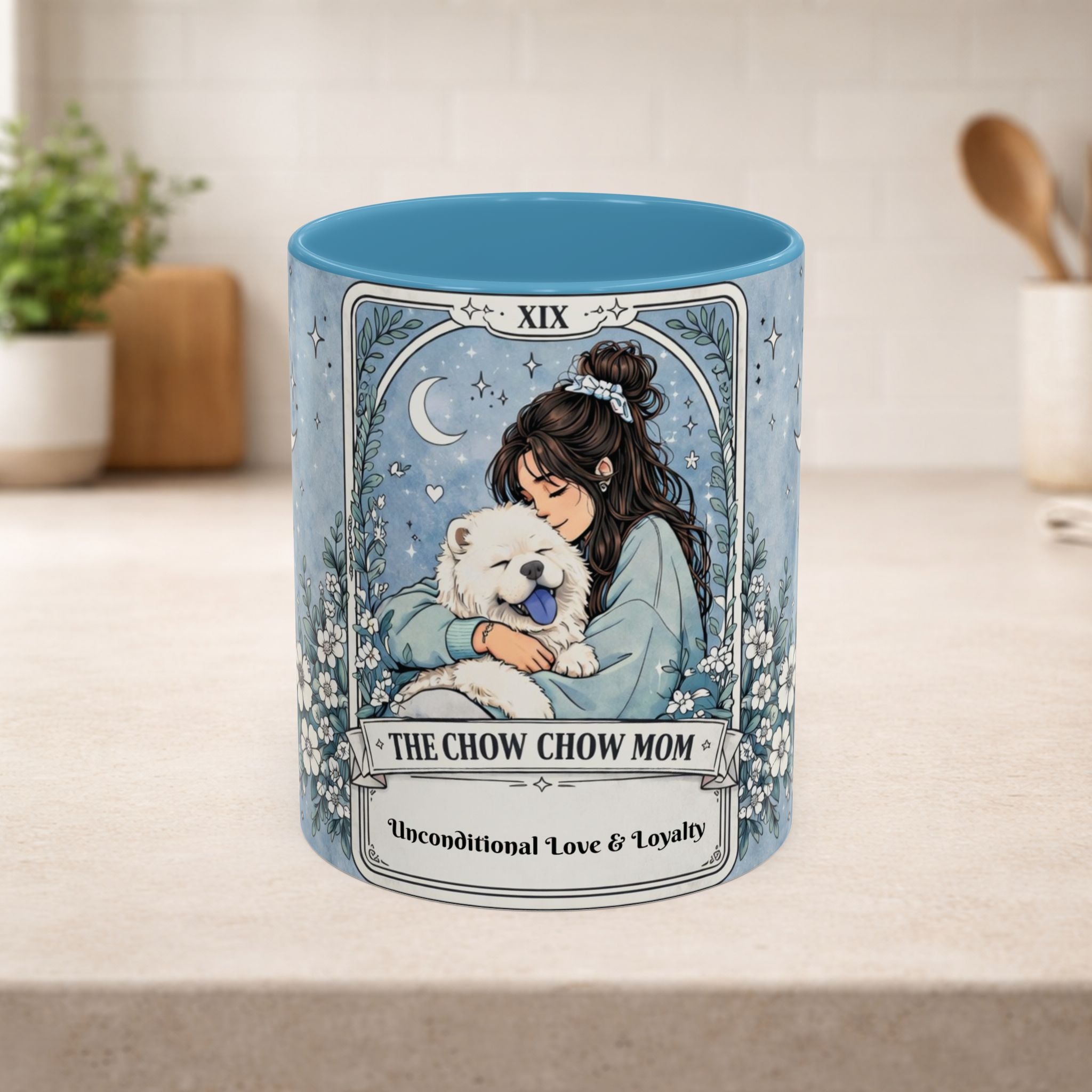 Personalized Chow Chow Mom coffee mug with custom name, featuring a cute Chow Chow dog for dog lovers and dog mom gift.