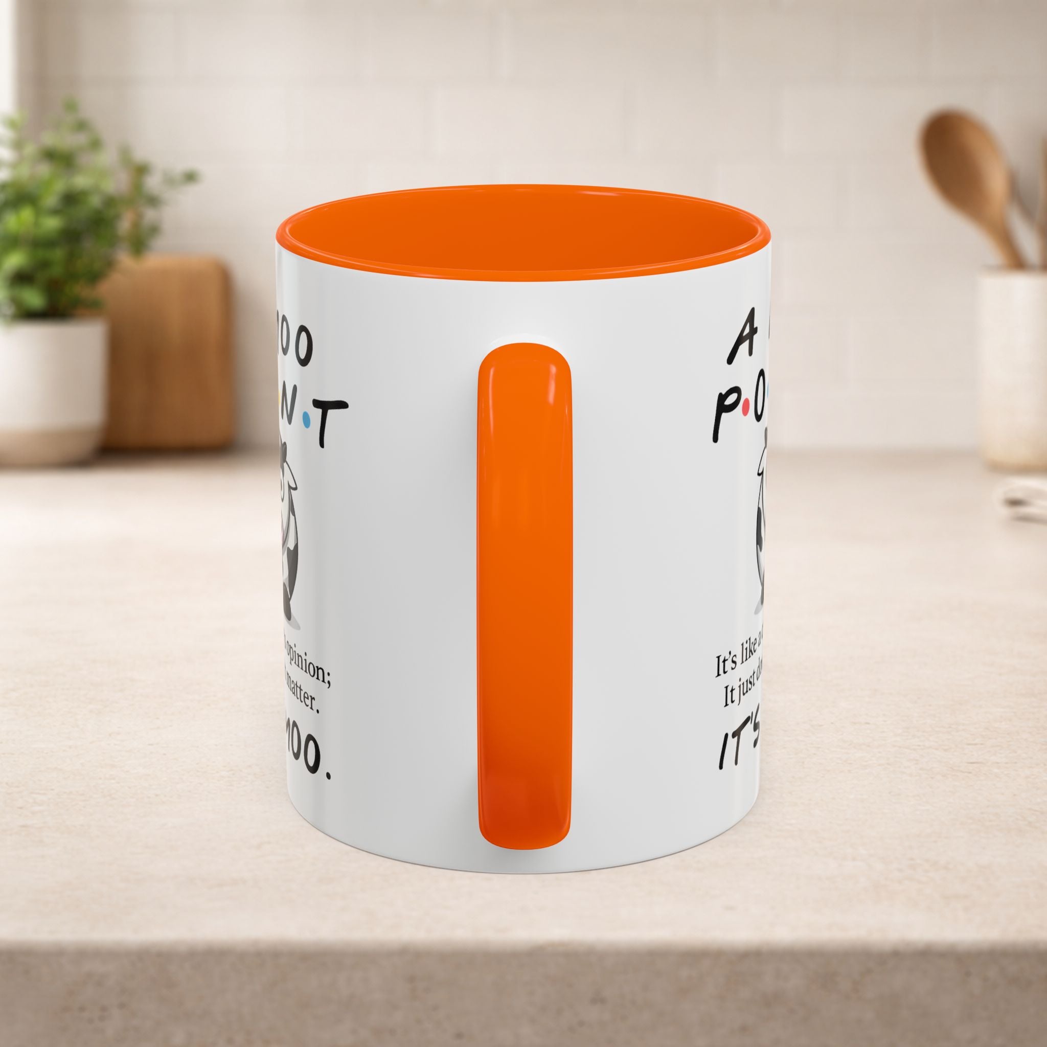 Friends Moo Point Mug featuring a humorous cow opinion design, perfect for coffee lovers and fans of funny animal mugs.