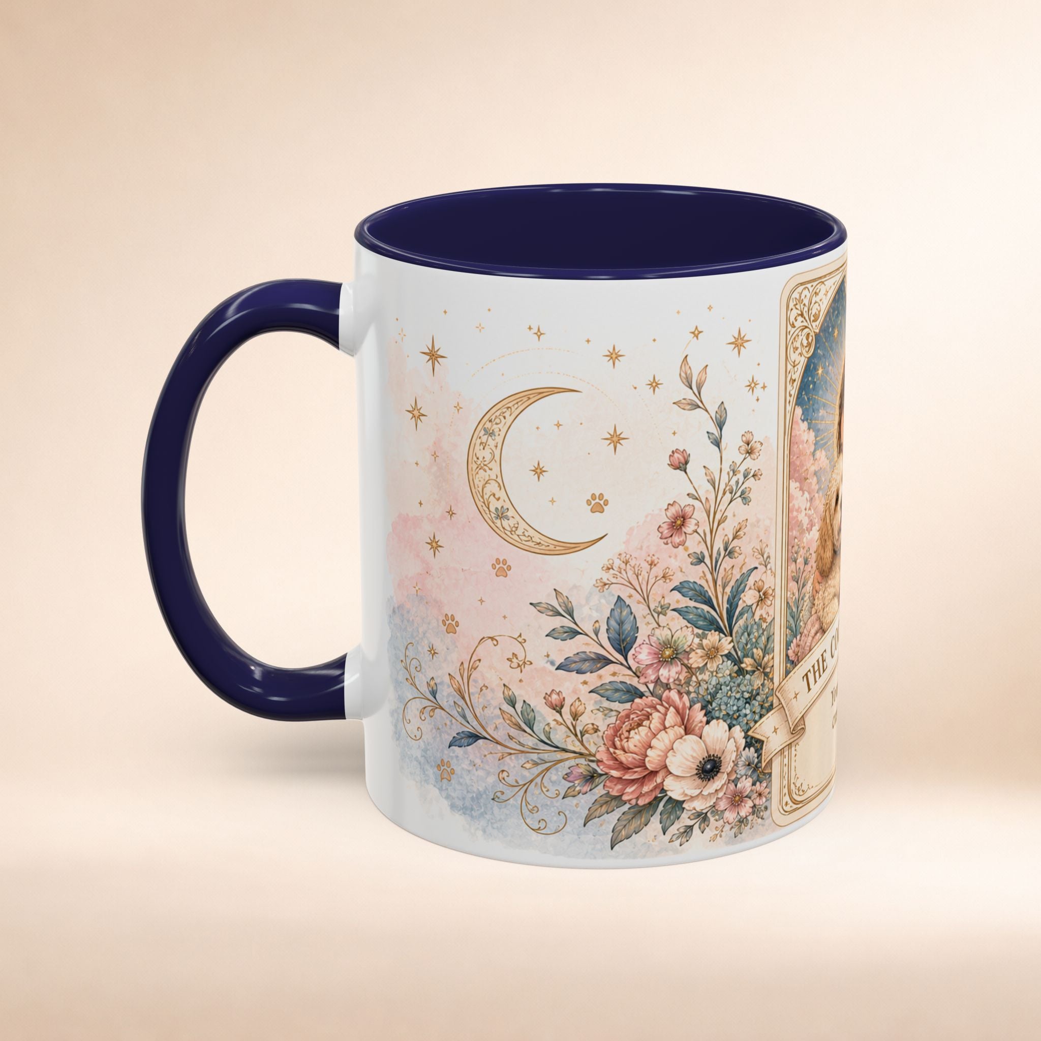 Personalized floral tarot-style dog mom mug featuring a Cockapoo illustration, available in 11oz and 15oz sizes.