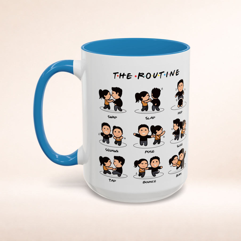 Friends-inspired funny "The Routine" accent coffee mug by Printify with colorful design and humorous quote, perfect for fans.