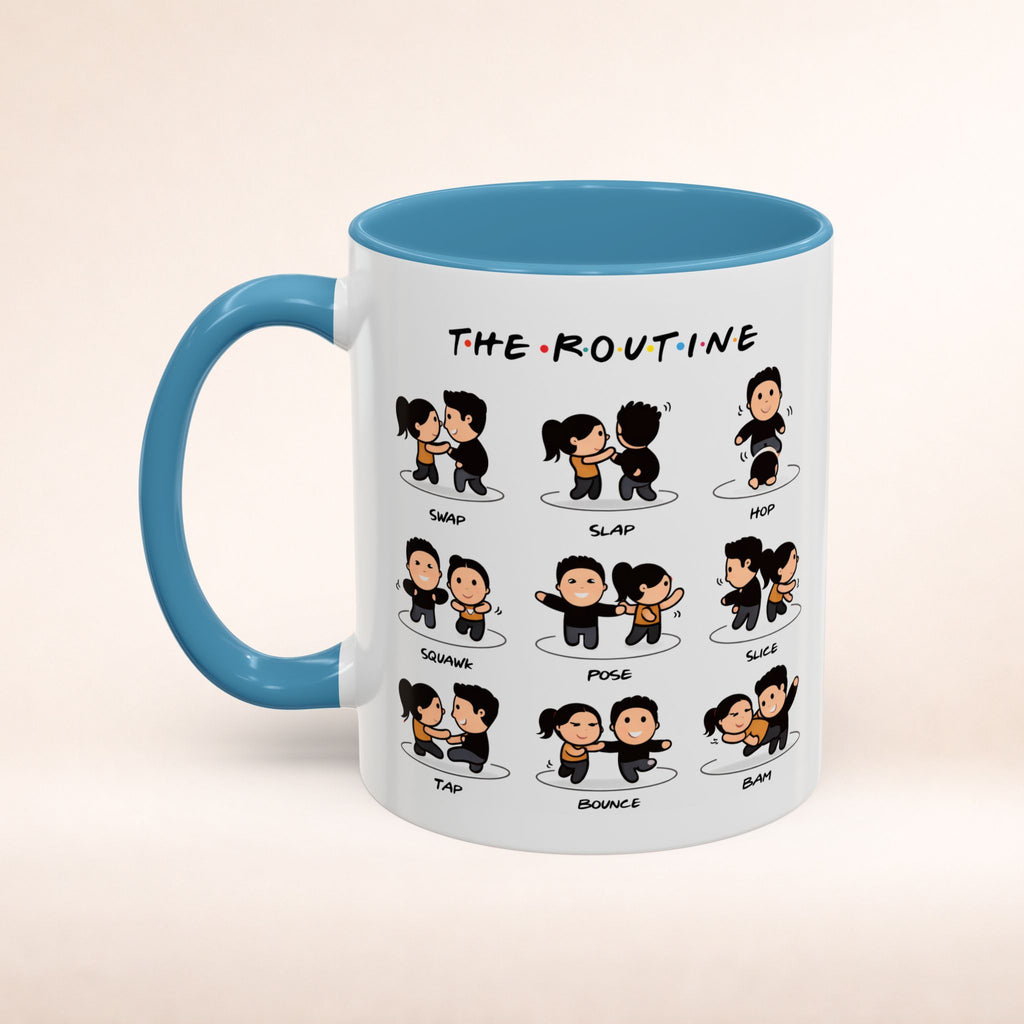 Friends-inspired funny "The Routine" accent coffee mug by Printify featuring a humorous quote and a classic mug design.