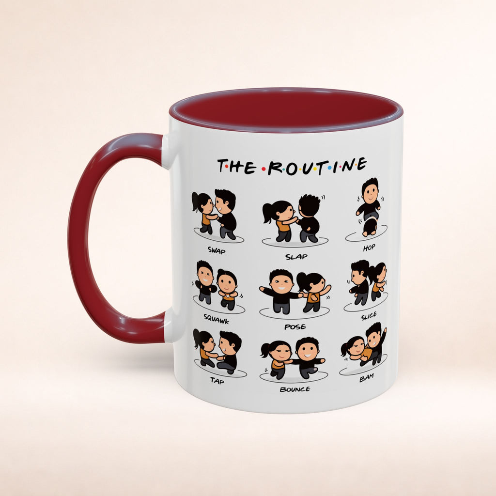 Friends-inspired funny "The Routine" accent coffee mug by Printify, featuring a humorous quote and a classic mug design.