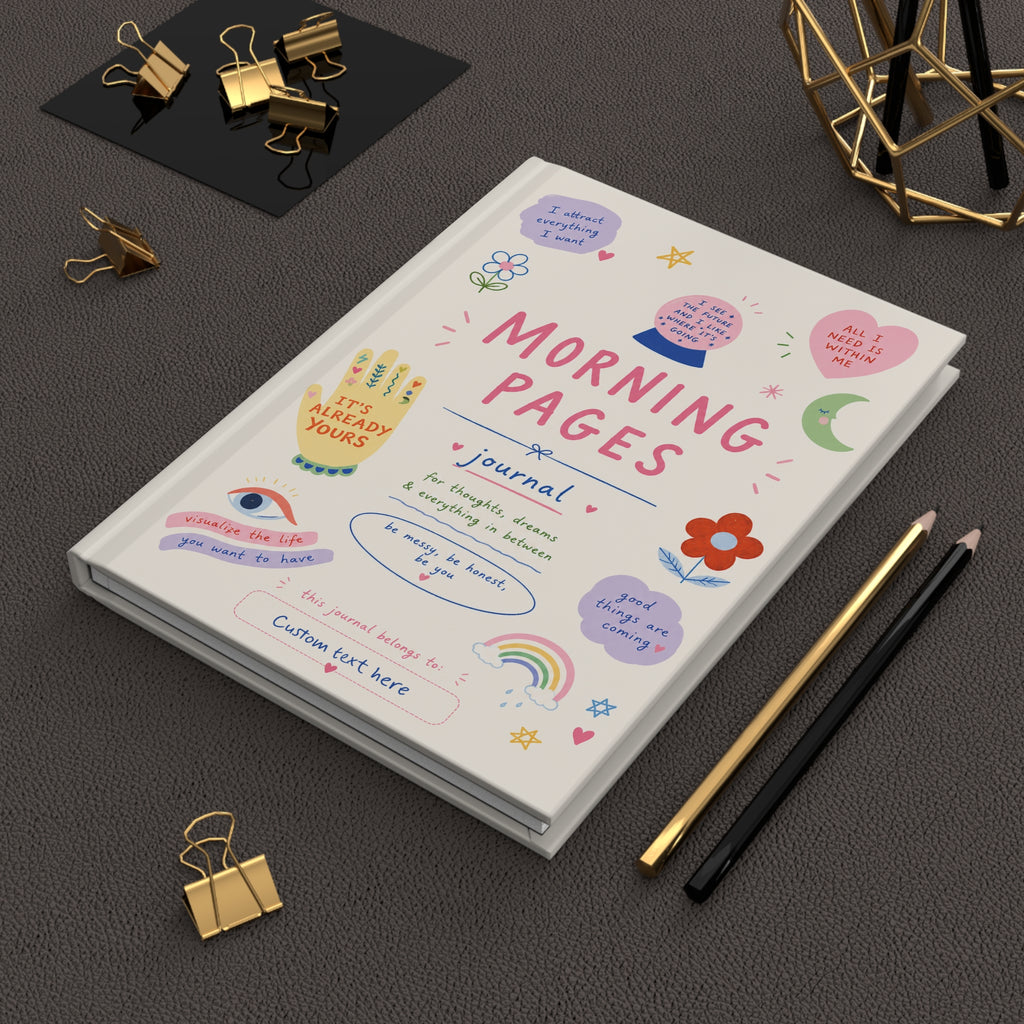 Personalized hardcover journal with "Delusional but Hopeful" inscription, featuring blank pages for morning reflections and manifestation.