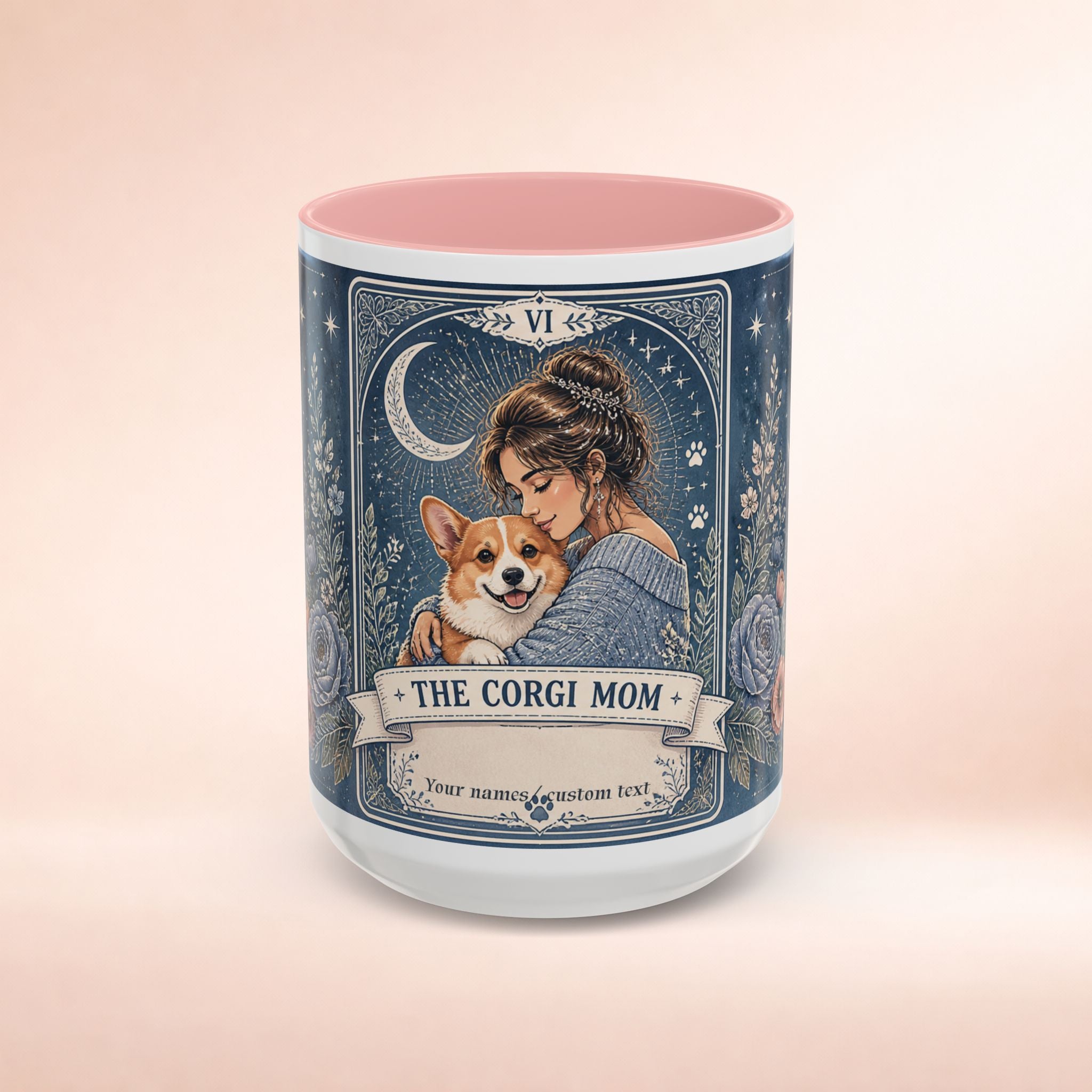 Personalized 'The Corgi Mom' Tarot Card coffee mug featuring a cute dog mom design, ideal for dog lovers and custom gift enthusiasts.