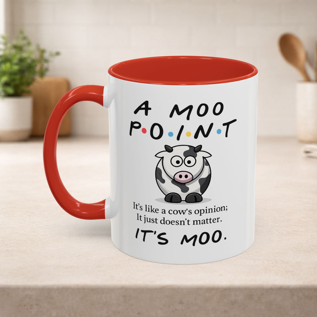 Funny cow-themed coffee mug featuring the phrase "Moo Point" from the TV show Friends, made by Printify.