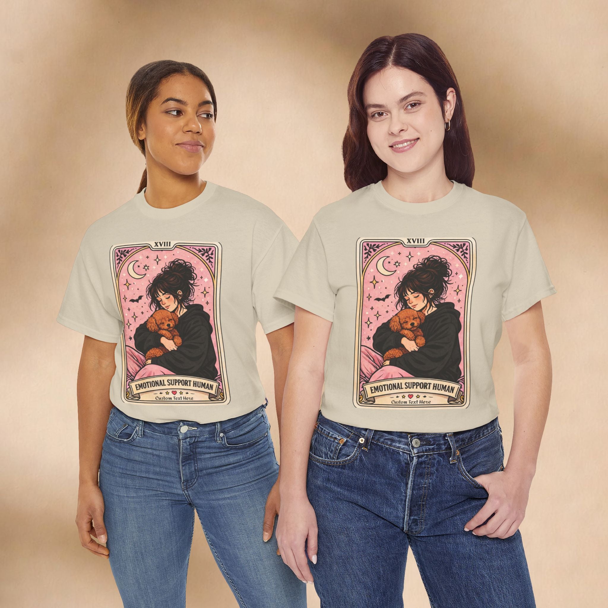 Personalized emotional support T-shirt with a funny dog mom tarot design, featuring a Poodle mom graphic on a comfort humor tee.