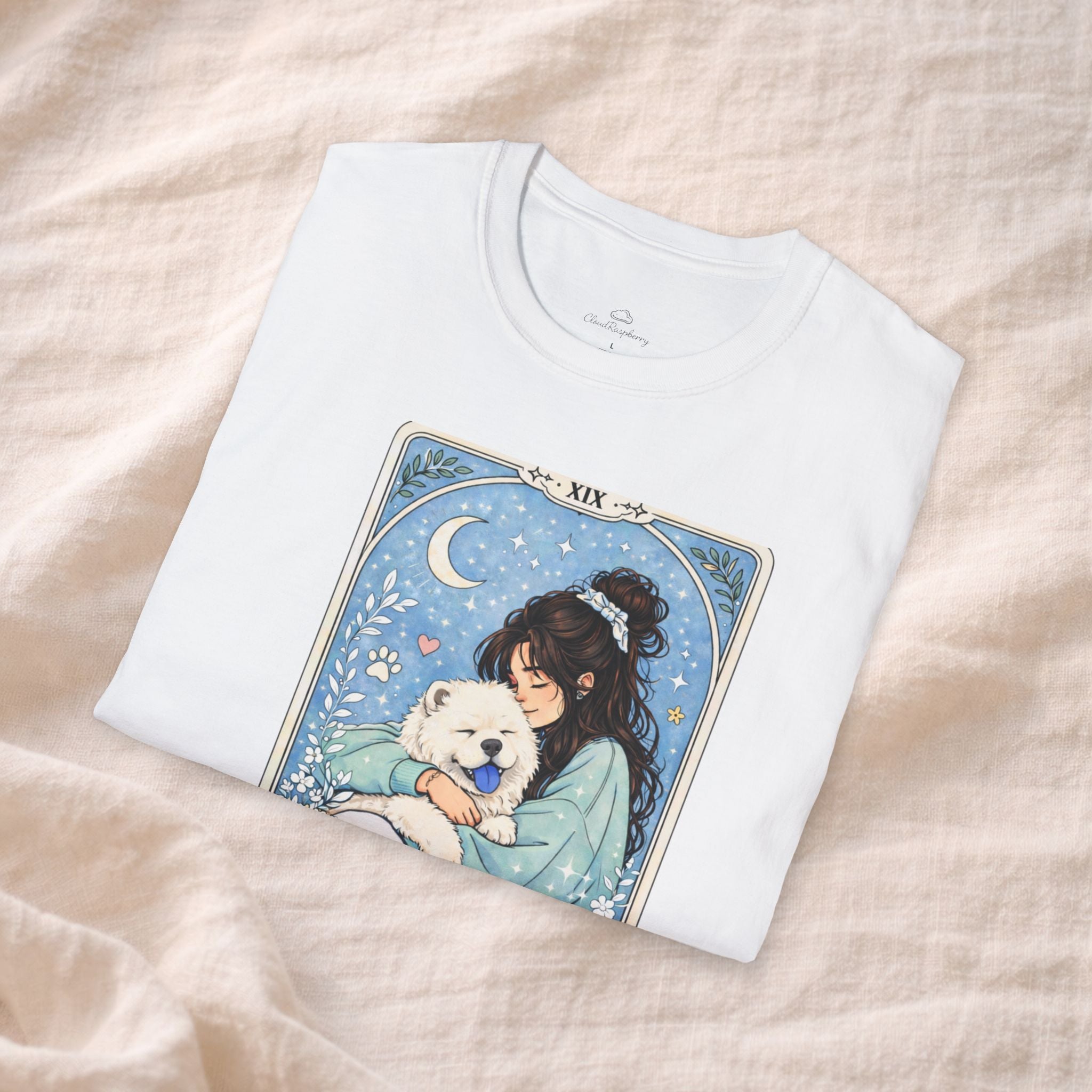 Personalized Chow Chow Mom tarot card T-shirt with custom dog mom name, featuring a cute Chow Chow graphic on a casual shirt.