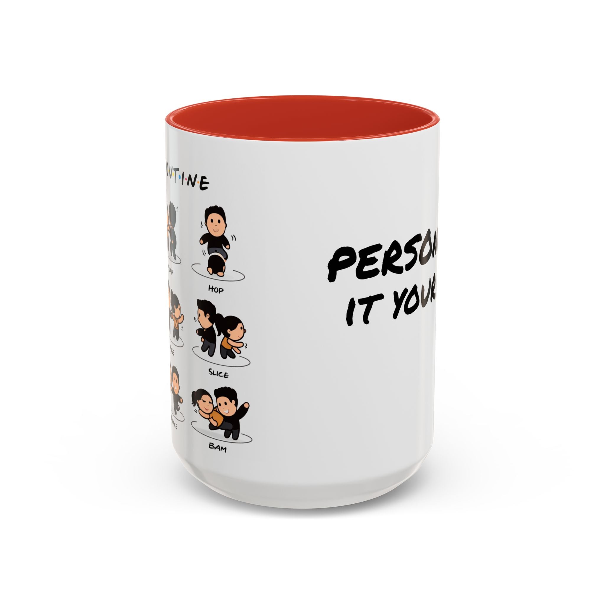 Friends-inspired funny "The Routine" accent coffee mug with colorful design, perfect for fans of the TV show.