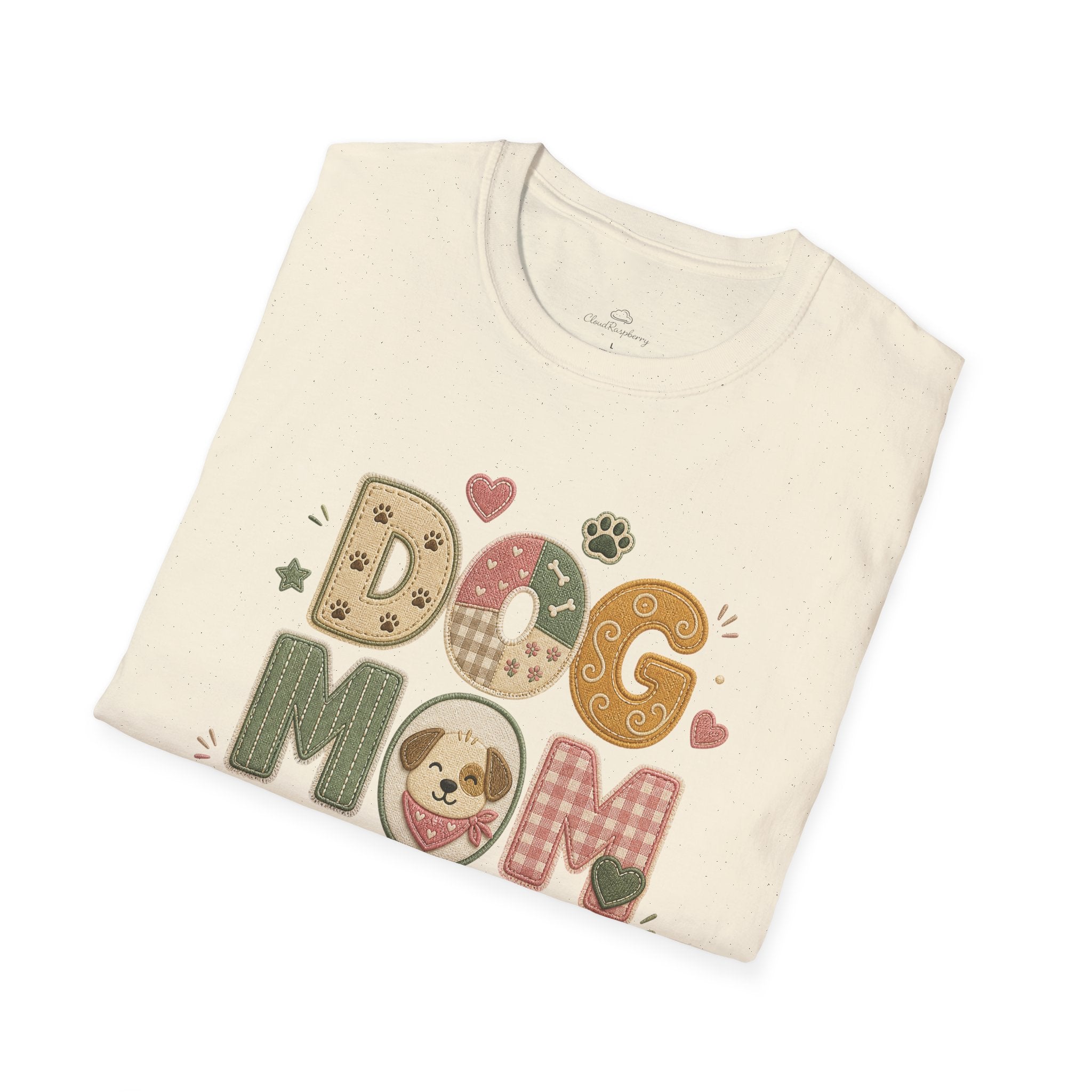 Colorful dog lover T-shirt with patchwork design for women, featuring a playful dog mom graphic on a stylish printify tee.