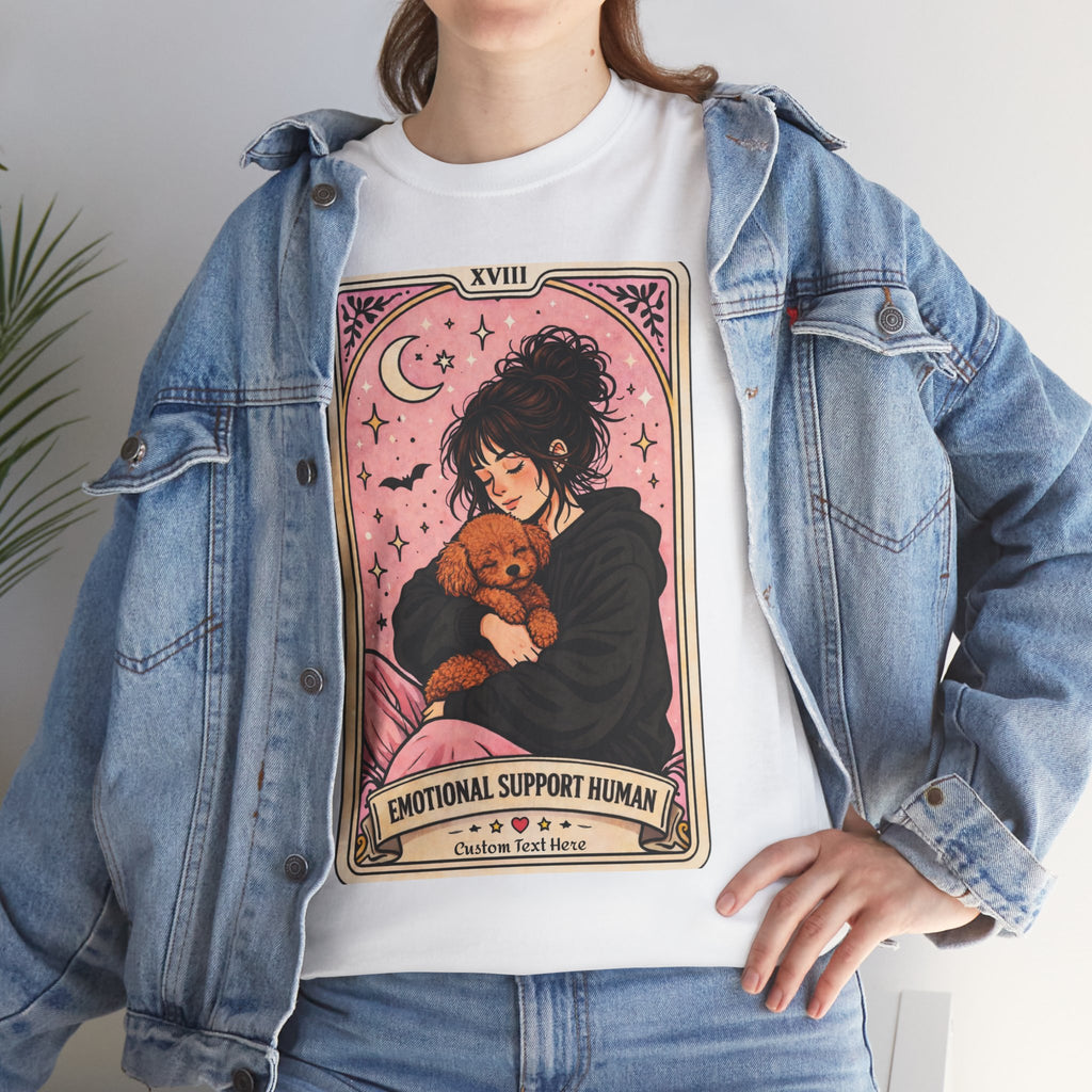 Personalized emotional support T-shirt featuring a funny dog mom tarot design, perfect for poodle moms and anxiety comfort.