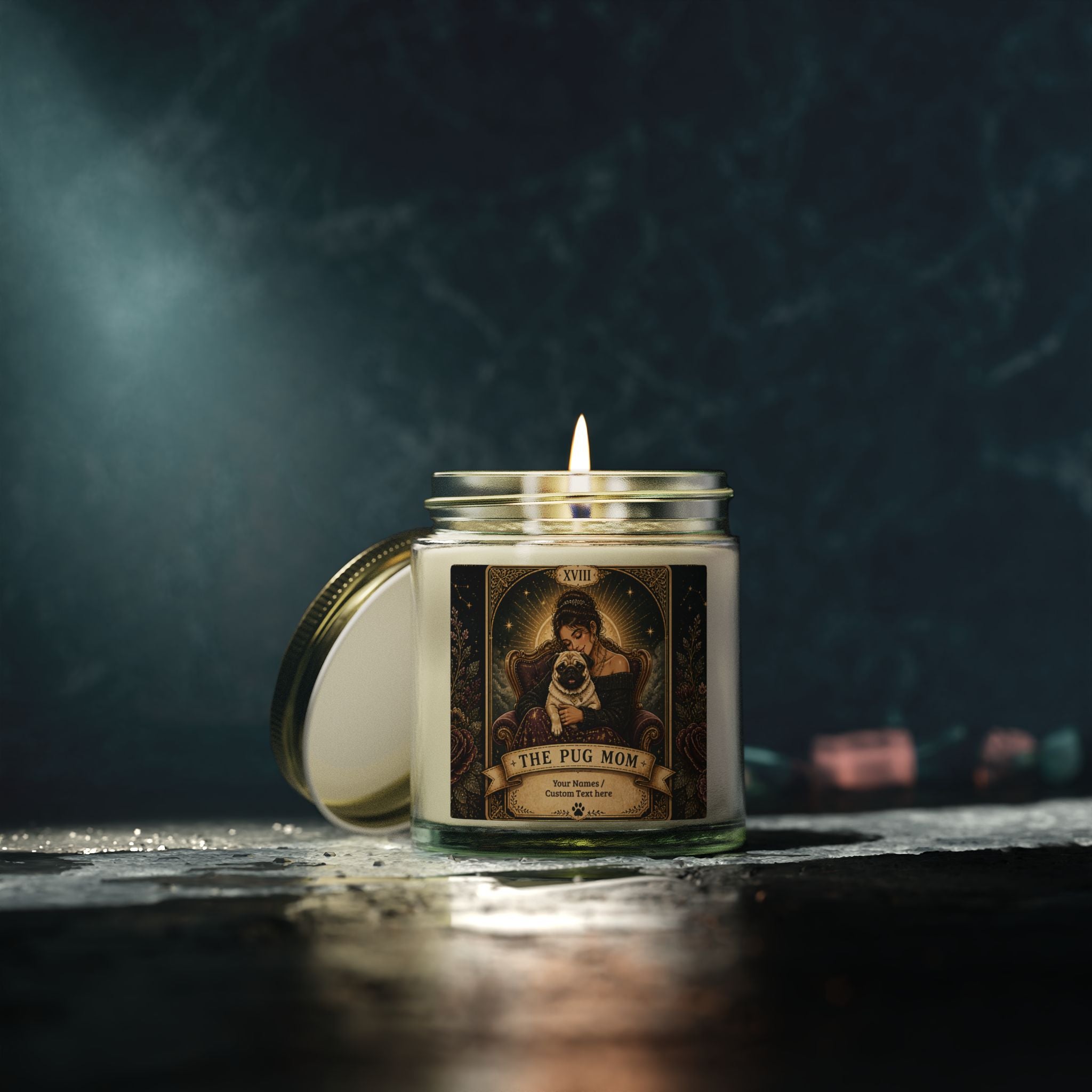 Scented candle from Tarot 'The Pug Mom' collection, featuring coconut apricot fragrance, in 4oz or 9oz size, with a pug-themed design.