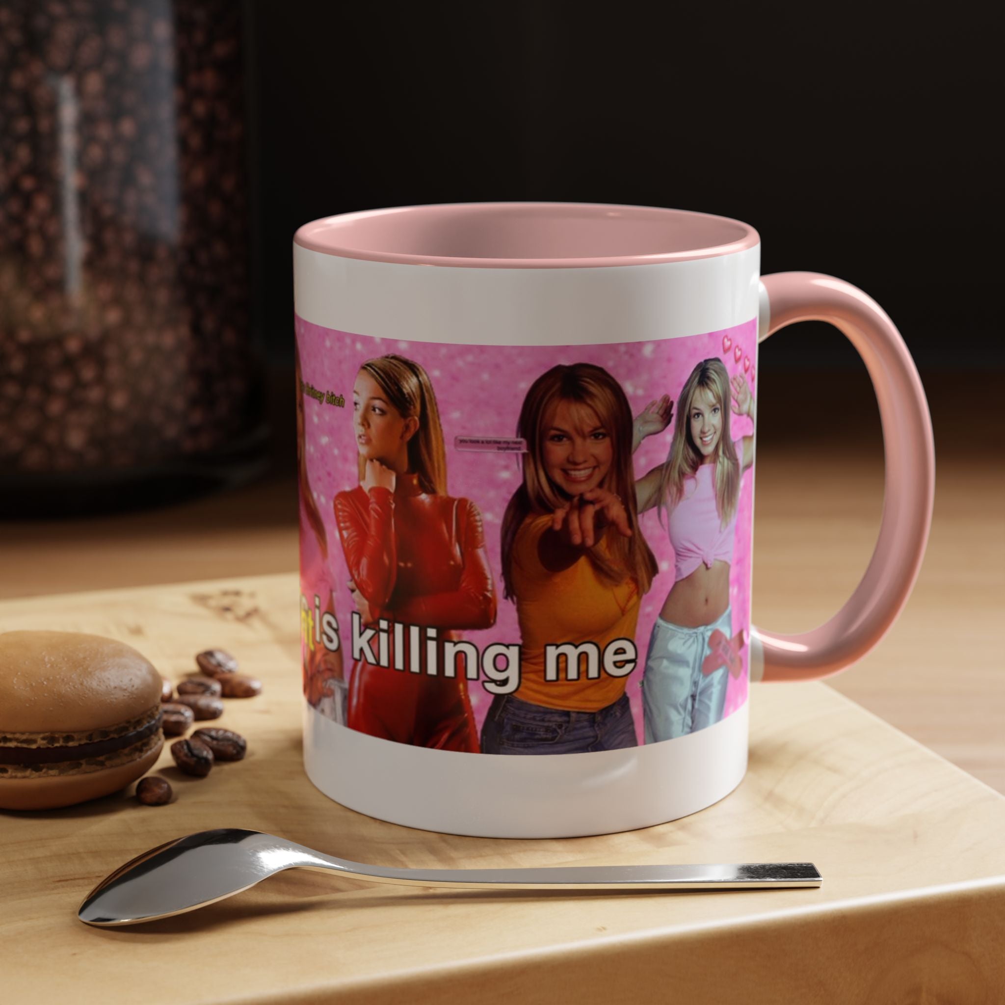 Y2K Britney Spears collage accent coffee mug with "My Government is killing me" text and colorful vintage design.