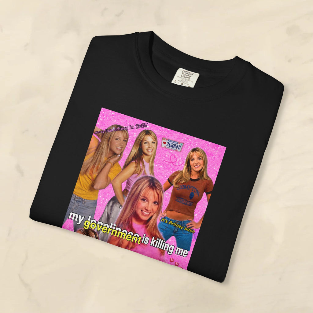 Cotton Y2K Britney Spears "My Loneliness Is Killing Me" government meme T-shirt, white with printed graphic, casual style.