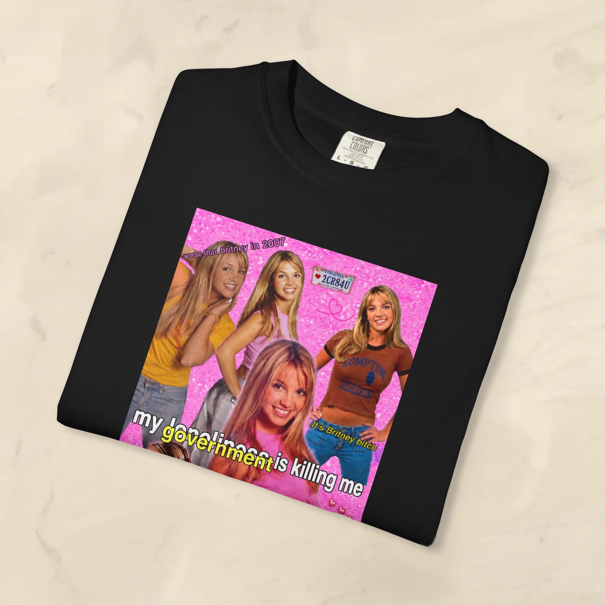 Cotton Y2K Britney Spears "My Loneliness Is Killing Me" government meme T-shirt, white with printed graphic, casual style.