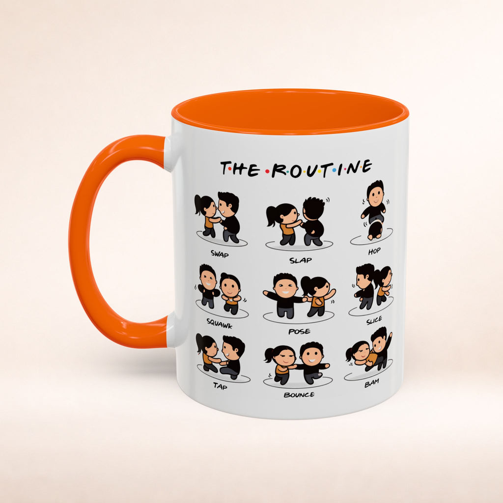 Friends-inspired funny "The Routine" accent coffee mug with cartoon design, made by Printify for fans of the TV show.
