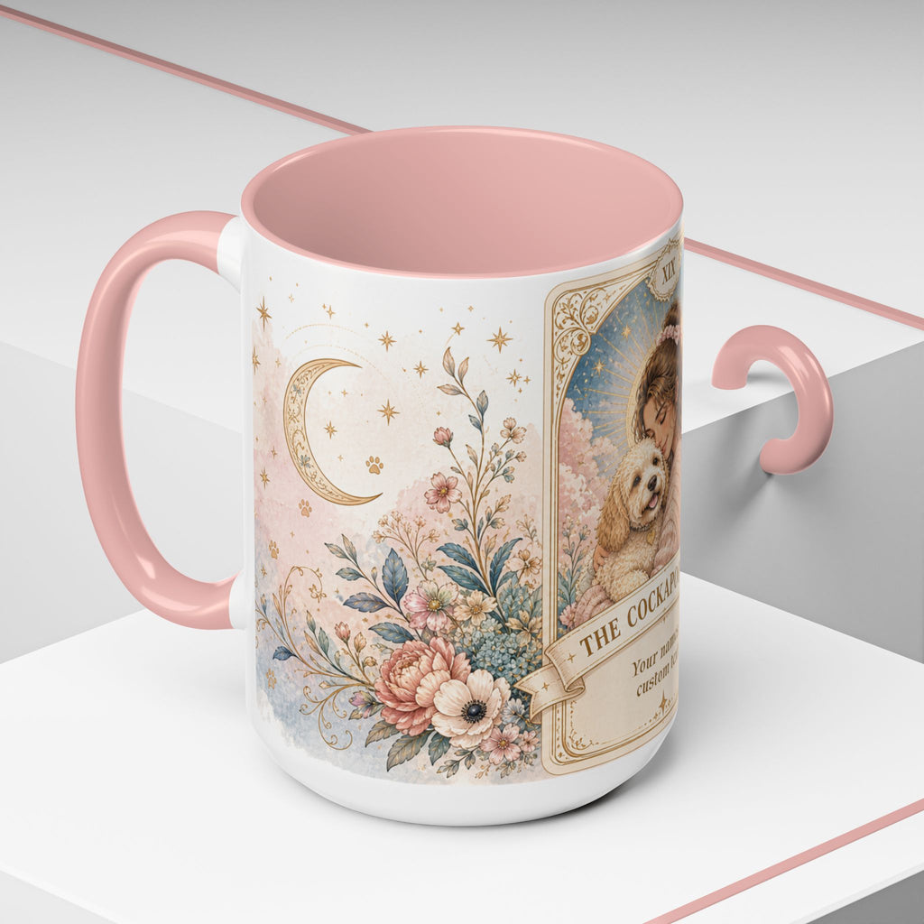 Personalized floral tarot-style dog mom mug featuring a Cockapoo design, available in 11oz and 15oz sizes.