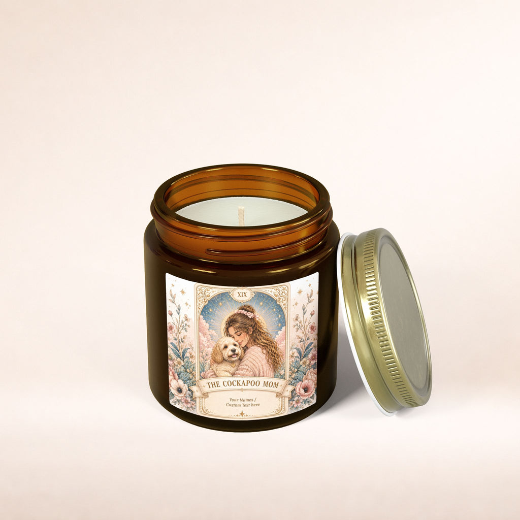Personalized Tarot 'The Cockapoo Mom' scented candle in coconut apricot scent, 4oz or 9oz size, custom product by Printify.