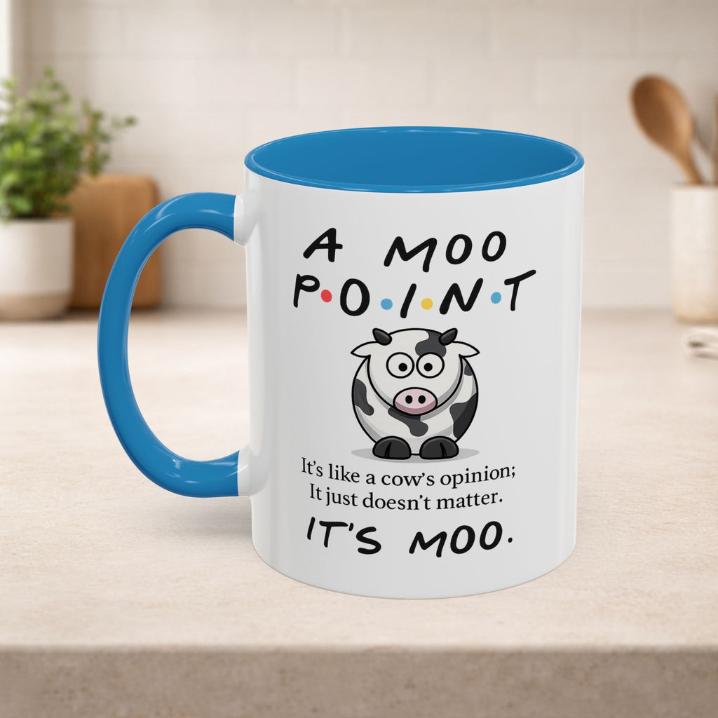 Funny cow opinion mug featuring the phrase "Moo Point," with a humorous cow illustration on a ceramic coffee mug.