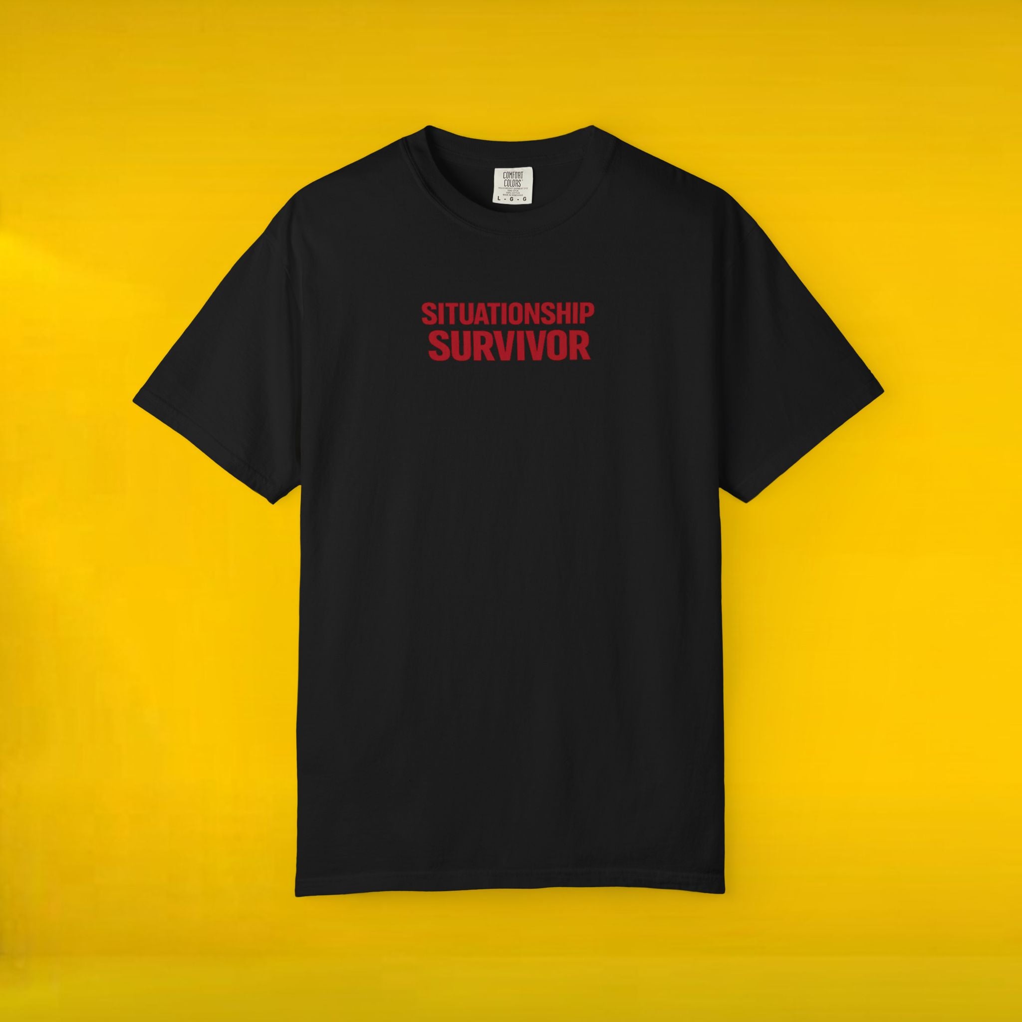 Funny Situationship Survivor T-shirt for women, featuring ironic breakup and single life humor, perfect for casual wear and gift-giving.