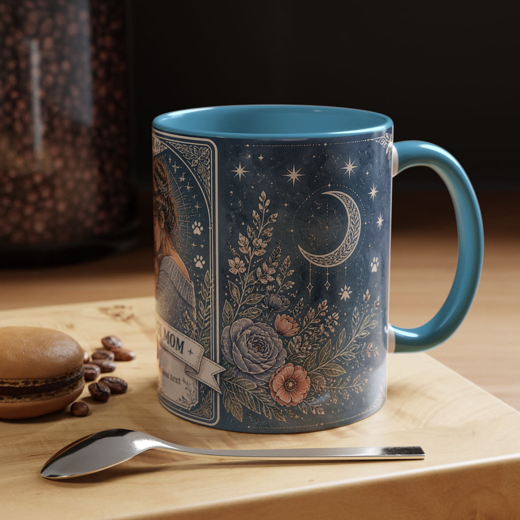 Personalized Corgi Mom tarot card coffee mug featuring custom dog mom design, perfect gift for dog lovers and Corgi enthusiasts.