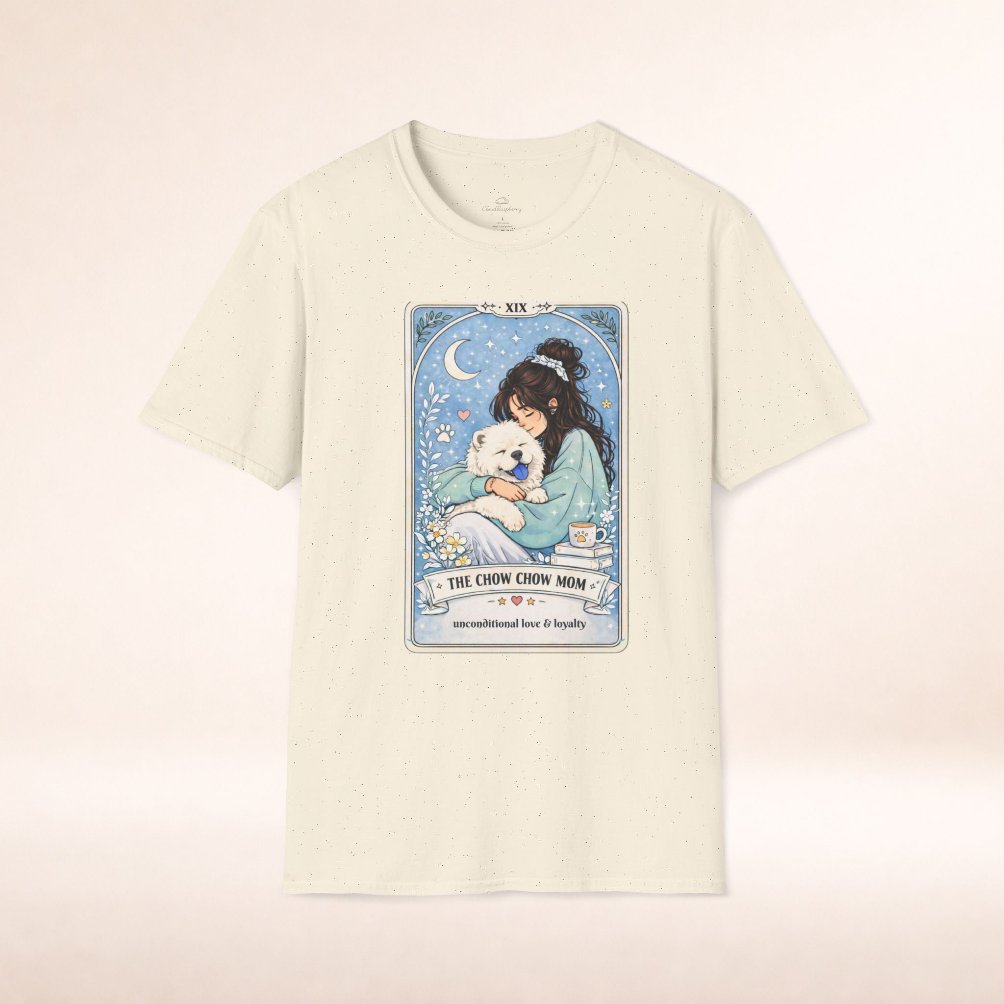 Personalized Chow Chow Mom tarot card T-shirt with custom name for dog lovers, featuring a colorful graphic of a Chow Chow dog.