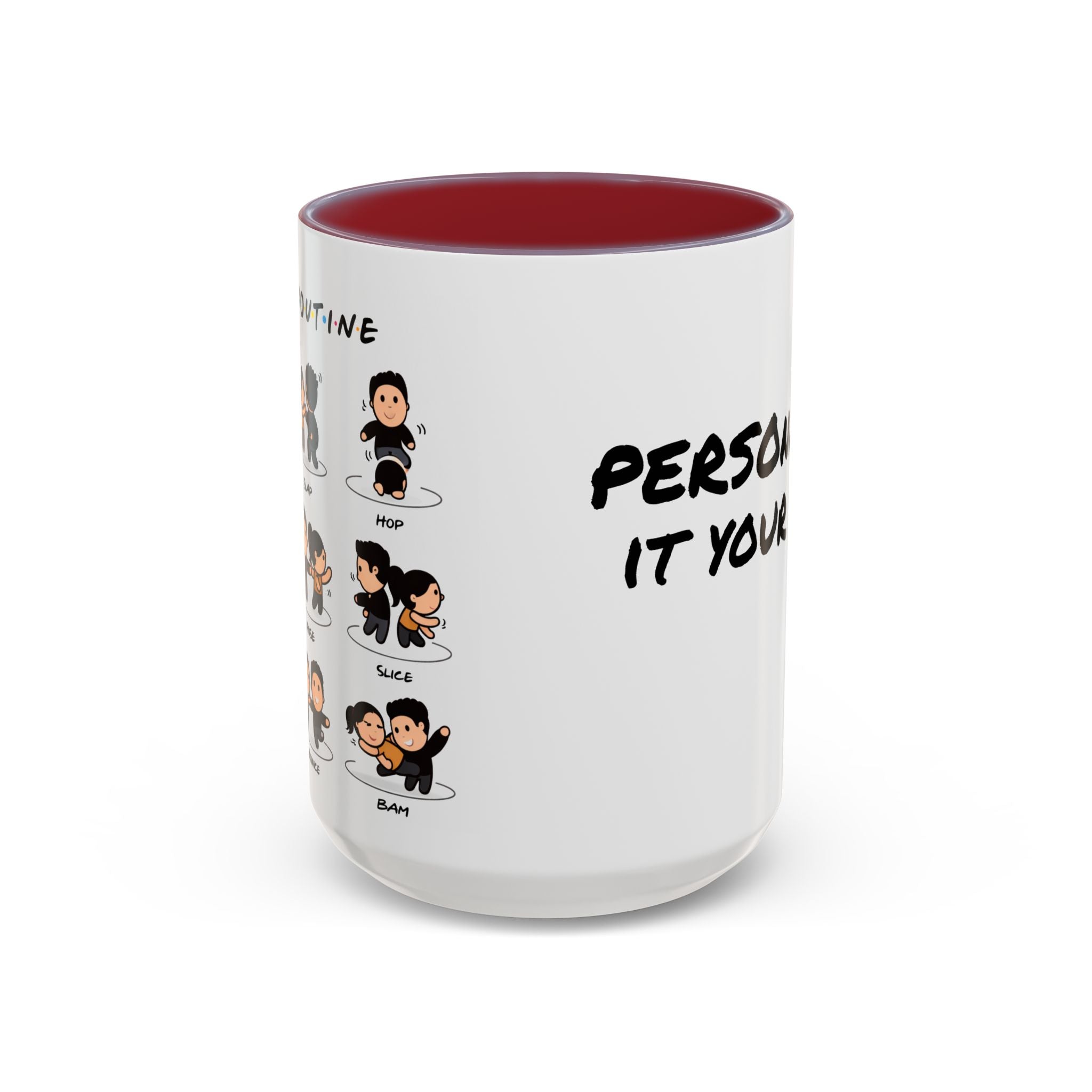 Friends-inspired funny "The Routine" accent coffee mug with a humorous quote and colorful design, made by Printify.