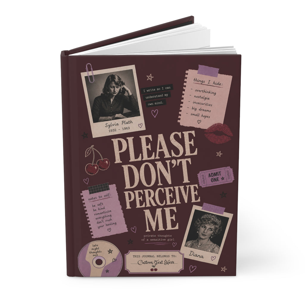 Personalized Sylvia Plath-inspired 'Please Don’t Perceive Me' journal, hardcover notebook with aesthetic design and coquette writing style.