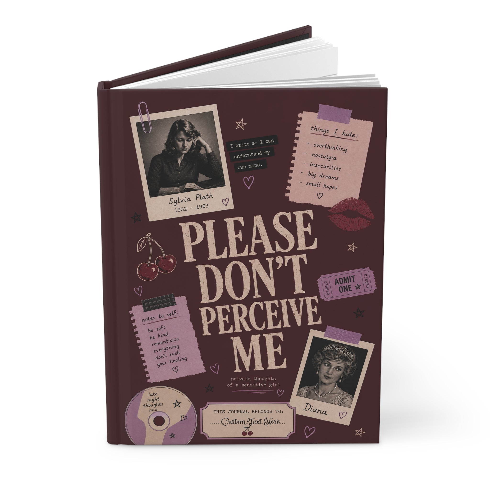 Personalized Sylvia Plath-inspired 'Please Don’t Perceive Me' journal, hardcover notebook with aesthetic design and coquette writing style.