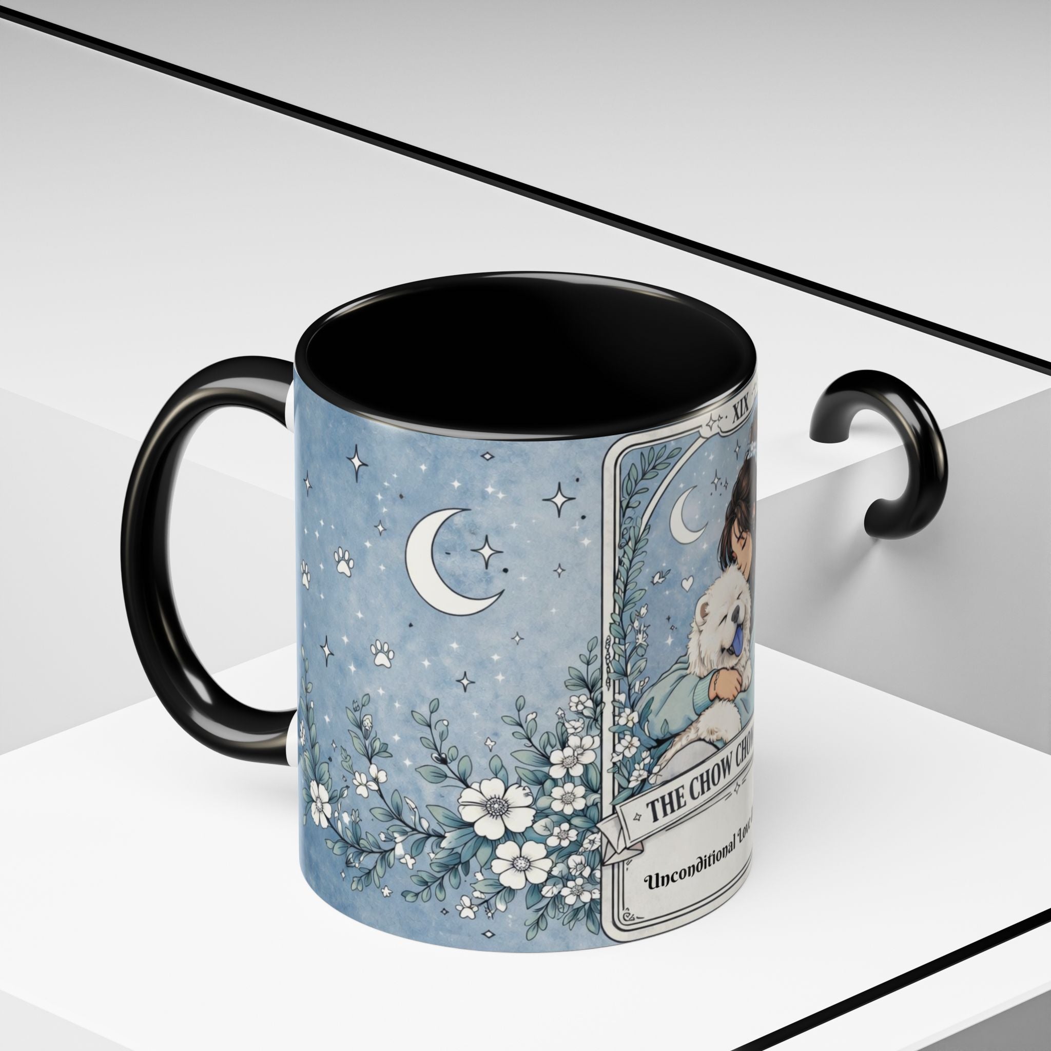 Personalized Chow Chow Mom tarot card mug with custom name, dog lover coffee cup, featuring a Chow Chow dog illustration.