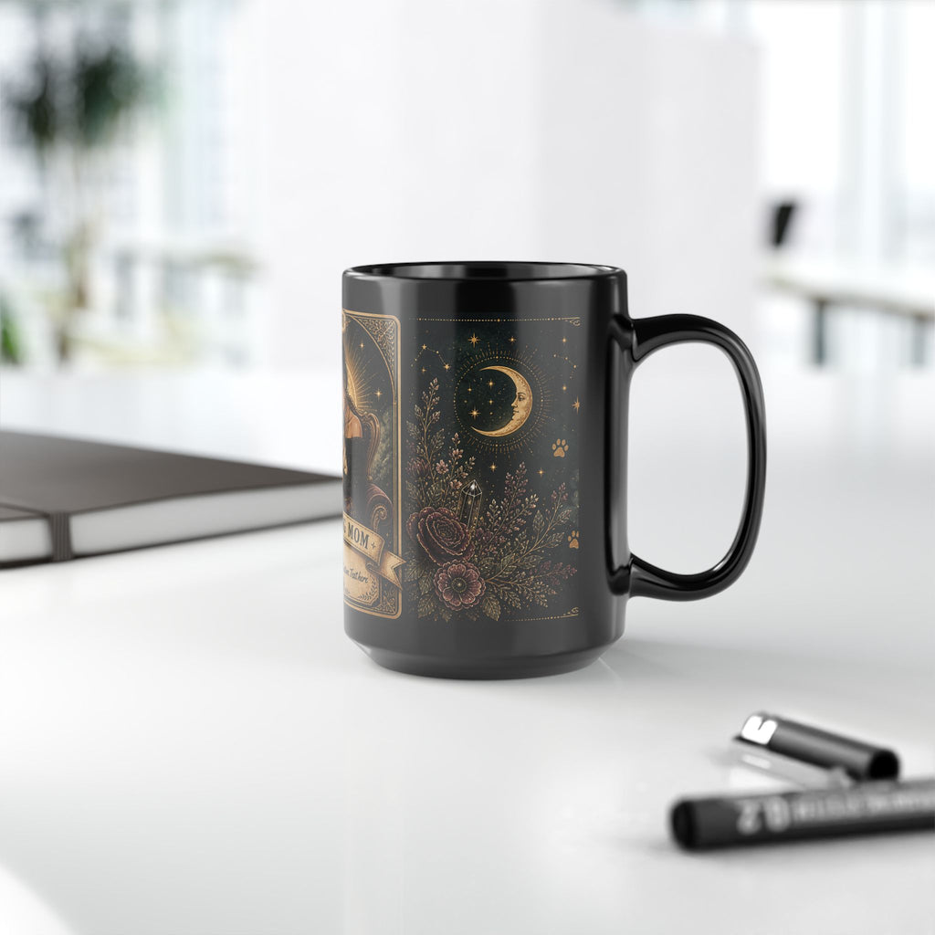 Personalized black ceramic mug featuring vintage tarot-style design with "The Pug Mom" text, perfect for dog lovers.