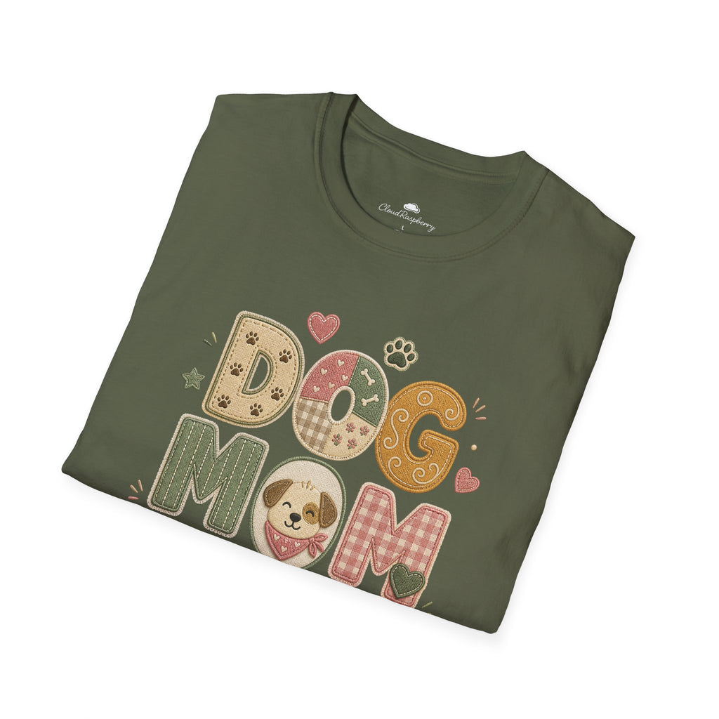 Colorful patchwork dog mom T-shirt for women, featuring a playful dog lover design on a casual printify tee.