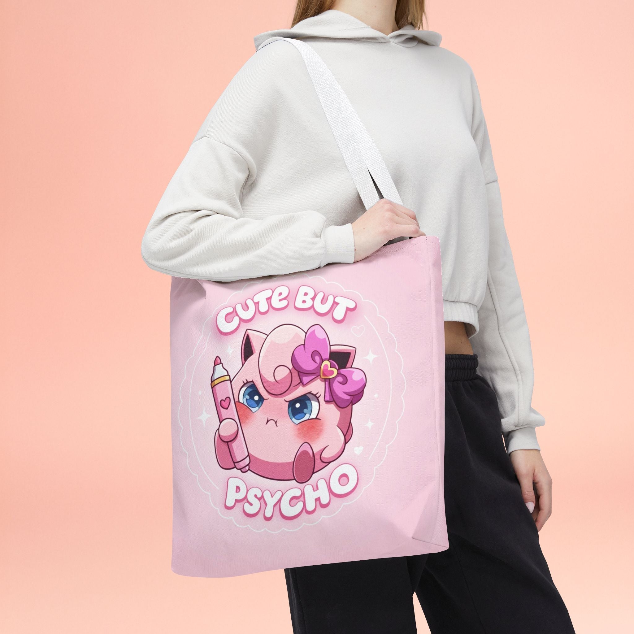 Pink "Cute But Psycho" tote bag, kawaii style shopper bag by Printify featuring playful text and a vibrant pink design.