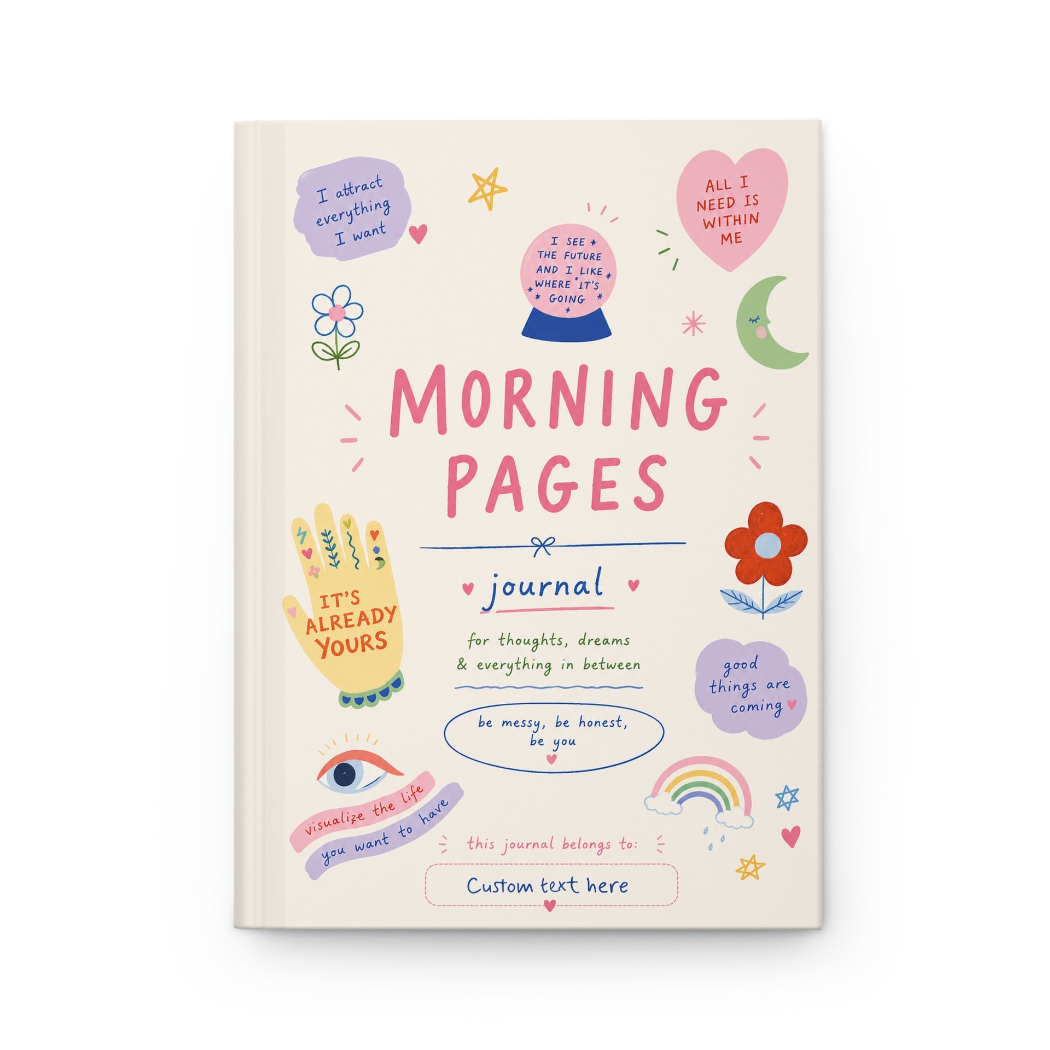 Personalized hardcover journal with "Delusional but Hopeful" quote, ideal for morning pages and manifestation writing, by Printify.