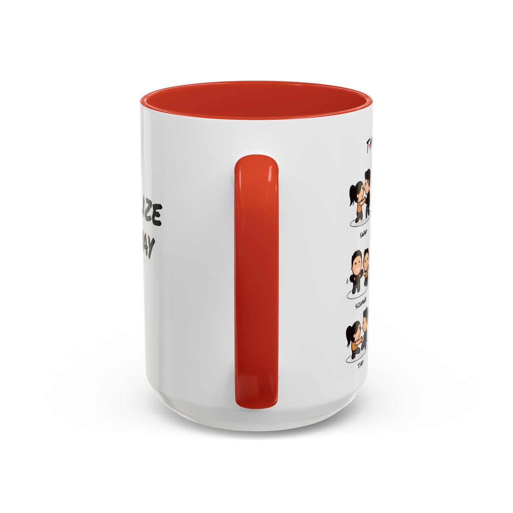 Friends-inspired funny "The Routine" accent coffee mug by Printify, featuring a witty quote and a classic mug design.
