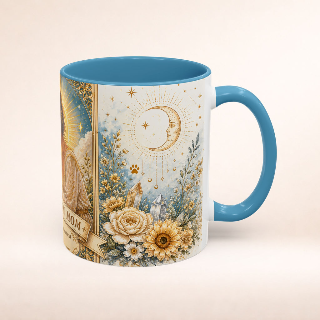 Personalized 'The Golden Mom' tarot card accent mug featuring a cute dog mom design, ideal for dog lovers and tea or coffee drinkers.