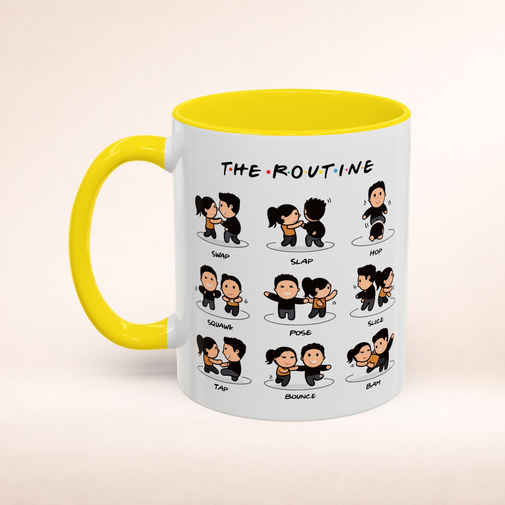 Friends-inspired funny 'The Routine' accent coffee mug by Printify with a humorous quote and vibrant design.
