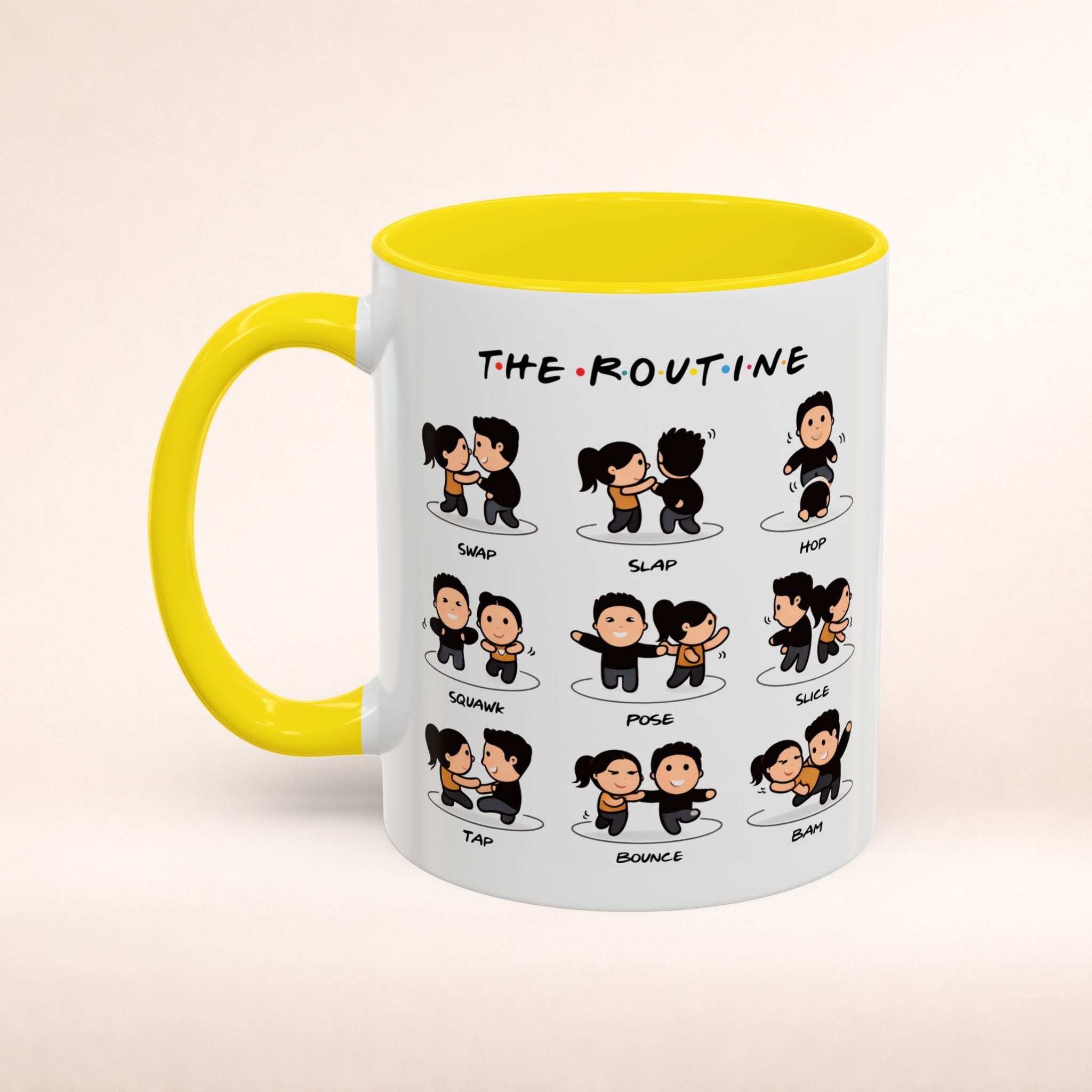 Friends-inspired funny 'The Routine' accent coffee mug by Printify with a humorous quote and vibrant design.