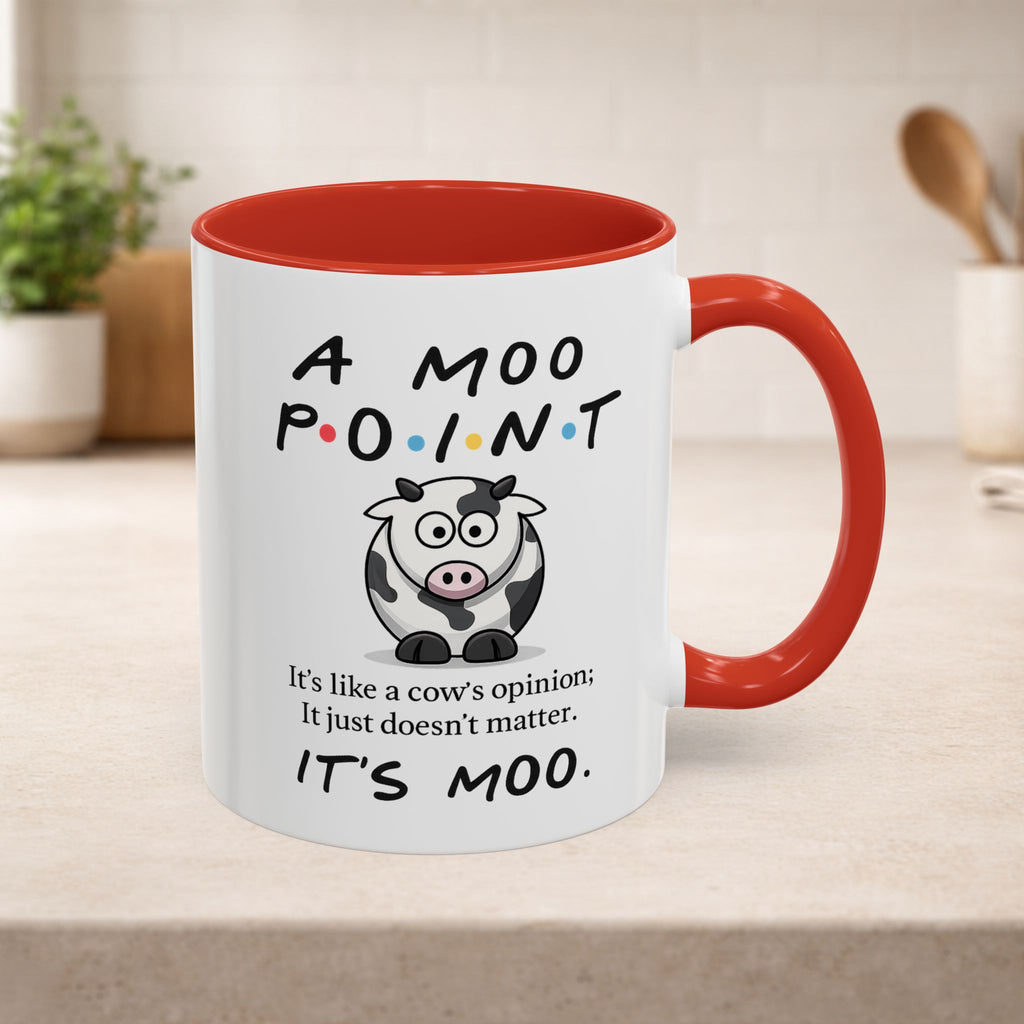 Friends Moo Point mug featuring a humorous cow graphic and the phrase "Moo Point," ideal for coffee or tea.