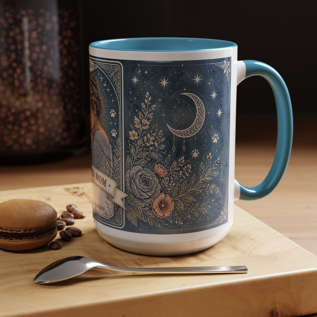 Personalized "The Corgi Mom" tarot card accent coffee mug featuring a cute dog mom design, custom print by Printify