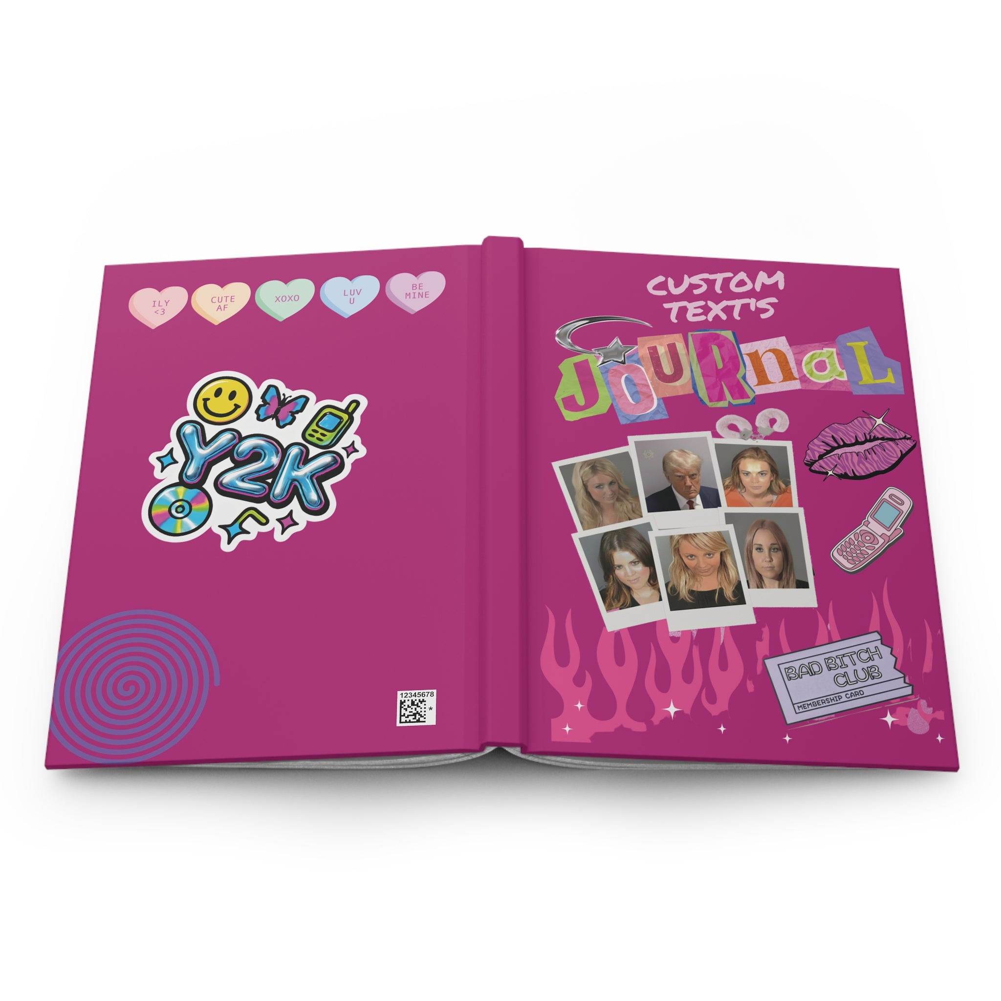 Personalized Y2K celebrity mugshot journal with "Bad Bitch Club" cover, bimbo aesthetic notebook, perfect for 2000s style paper gifts.