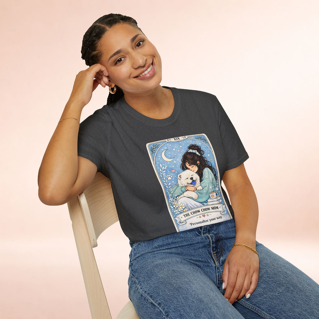 Custom Chow Chow Mom T-shirt with personalized name and tarot card design, featuring a cute Chow Chow dog for dog lovers.