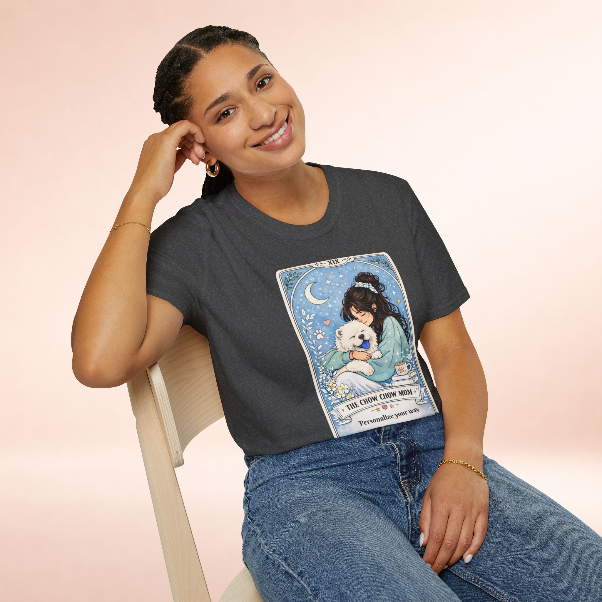 Custom Chow Chow Mom T-shirt with personalized name and tarot card design, featuring a cute Chow Chow dog for dog lovers.